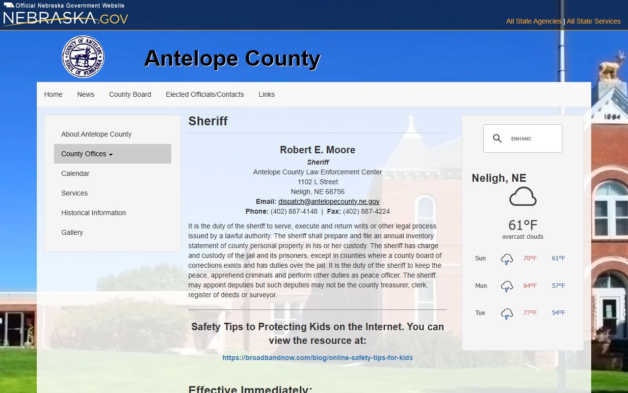 Antelope County Law Enforcement Center jail custody contact page